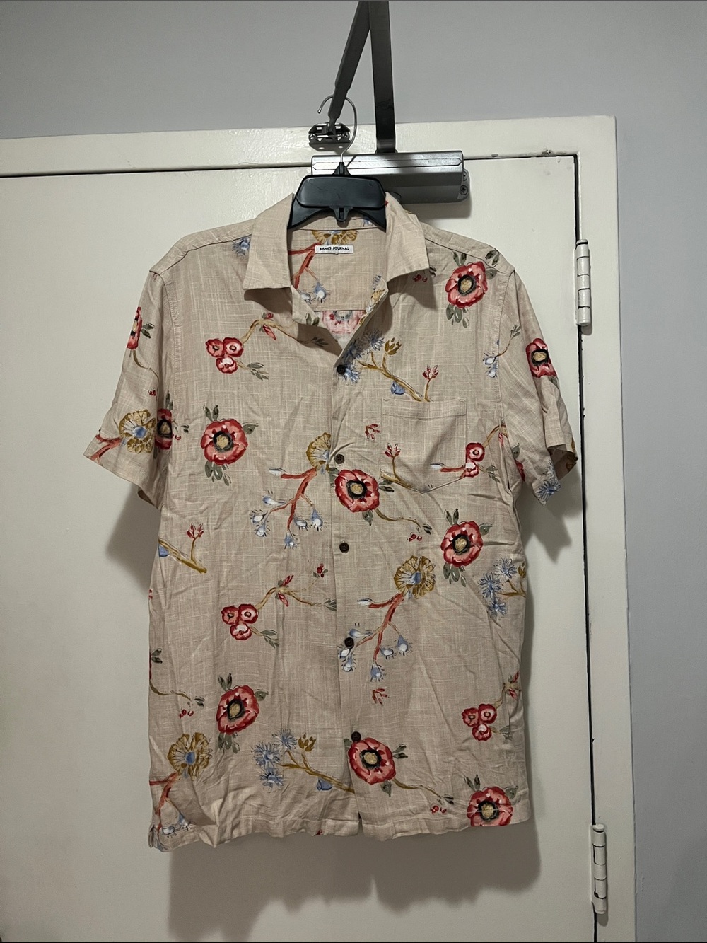 Beige Floral Short-Sleeve Button-Down Shirt